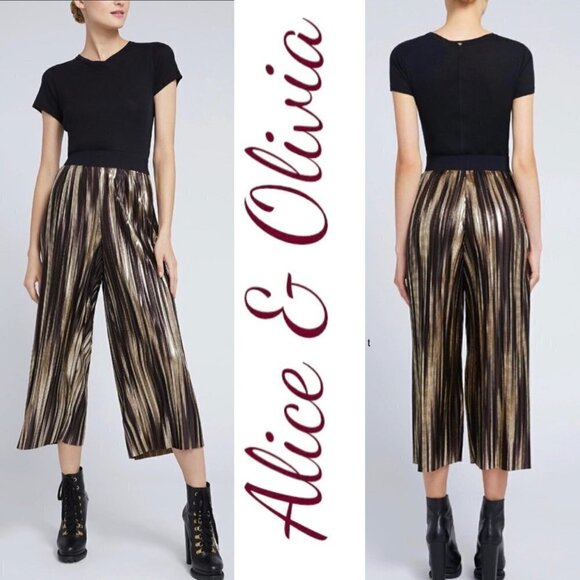 NWT ALICE & OLIVIA Elba Metallic Striped Wide Leg Festive Pants, Size Small - Picture 5 of 10